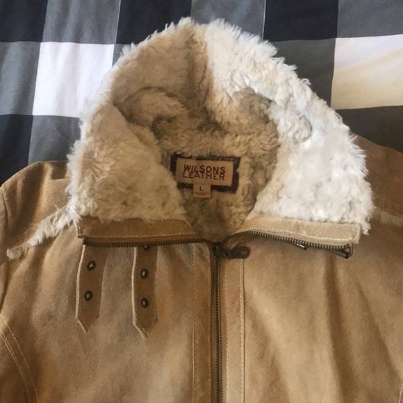 Womens WILSONS LEATHER Suede Camel Tan SHERPA Faux Fur Quilted Jacket Sz Large L - Picture 5 of 16